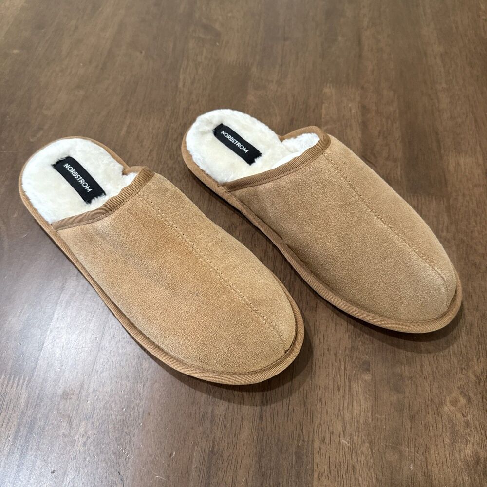 Nordstrom Men’s M Tan Suede Leather Faux Fur Lined Mule Slippers Size 9-10 NWOT